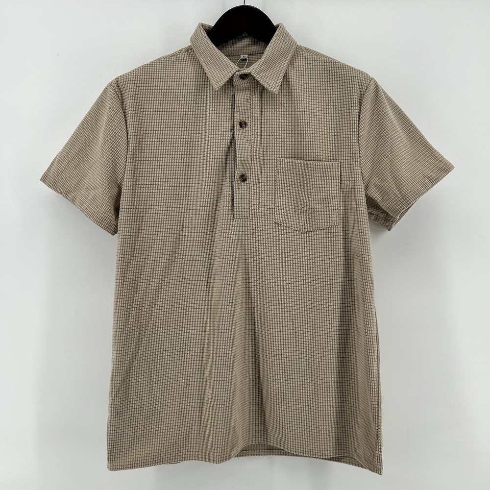 MLANM Polo Shirt Mens M Beige Waffle Knit Pocket Textured Short Sleeve Casual
